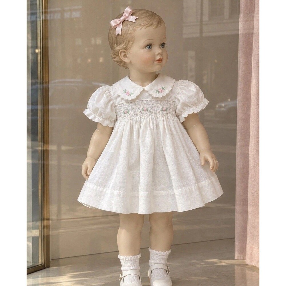Vintage A Little Angel Baby Girl Dress 12 MOS Smocked Embroidered White Floral